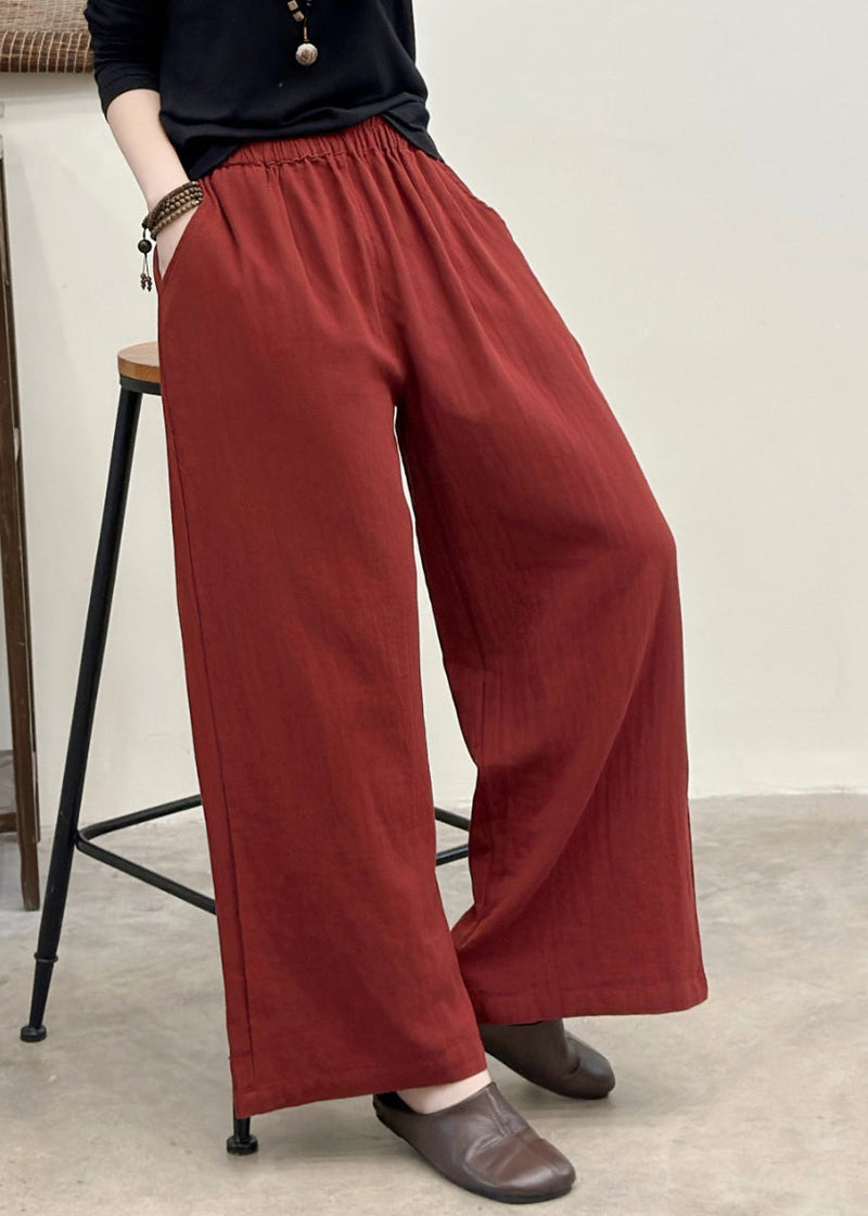 Fitted Red Oversized Pockets Linen Straight Pants Summer