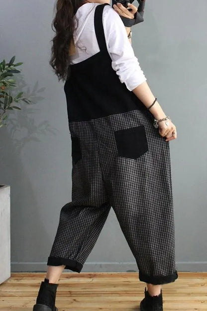 Denim Cotton Plaid Stitching Overalls Dungarees Jumpsuit