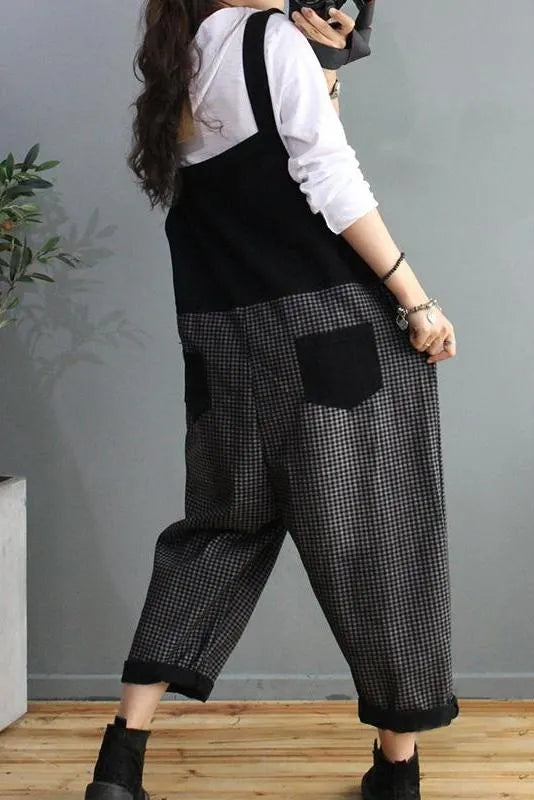 Denim Cotton Plaid Stitching Overalls Dungarees Jumpsuit