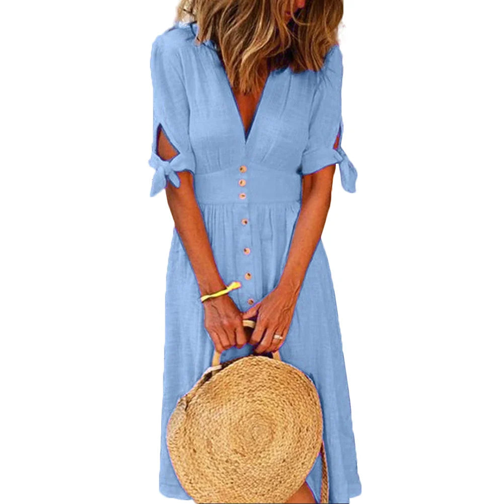 Color Deep V Neck Tied Half Sleeve Button Party Long Dress Summer Party Female Clothes Vestidos
