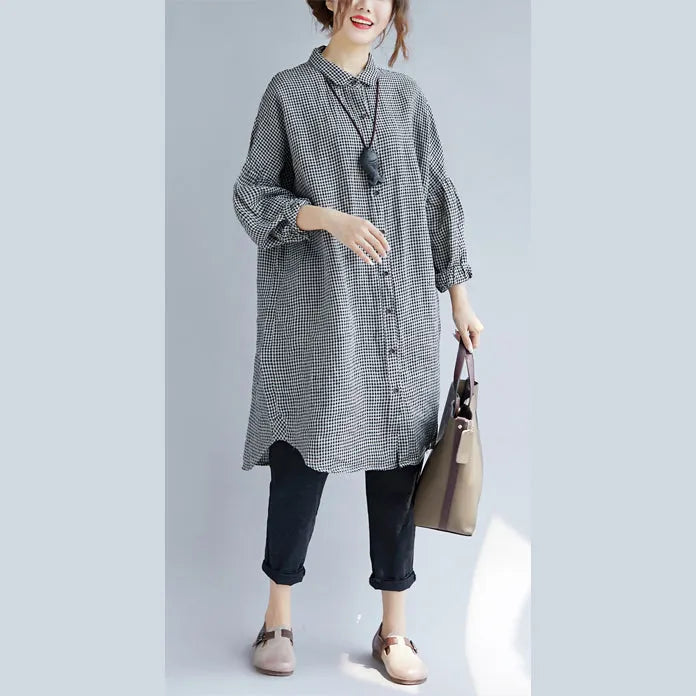 Stylish Black Plaid Cozy Cotton T Shirt Oversize Turn-down Collar Cotton Blouses Fine Long Sleeve Tops