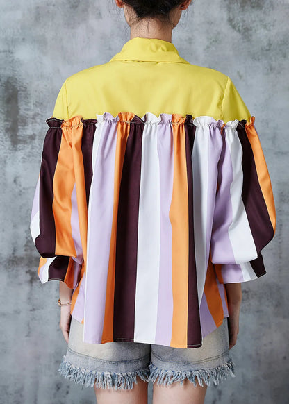 Boutique Colorblock Striped Ruffled Patchwork Cotton Shirt Tops Fall