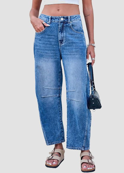 Simple Blue Pockets High Waist Denim Crop Pants Summer