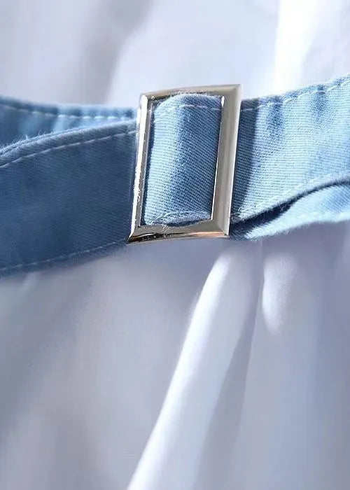 Diy White Patchwork Denim Cotton Fake Two Piece Blouse Tops Spring