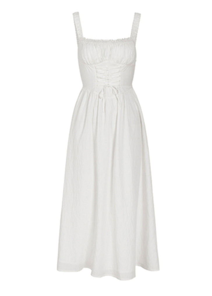 French White Square Collar Wrinkled Patchwork Cotton Spaghetti Strap Dress Summer