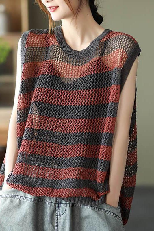 Hollow Out Stripes O Neck Sleeveless Vest Top