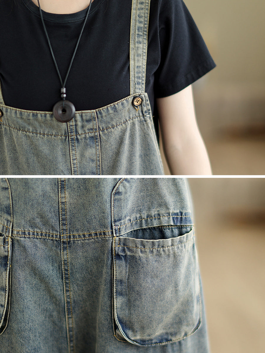 Retro Summer Pocket Denim Jumpsuits