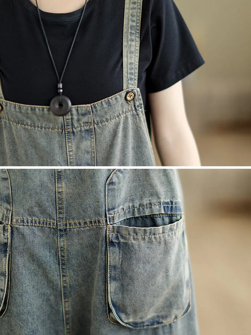 Retro Summer Pocket Denim Jumpsuits