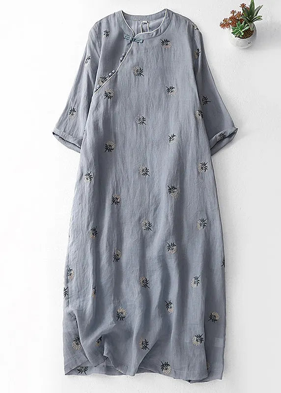 Grey Embroidered Button Cotton Dresses Half Sleeve