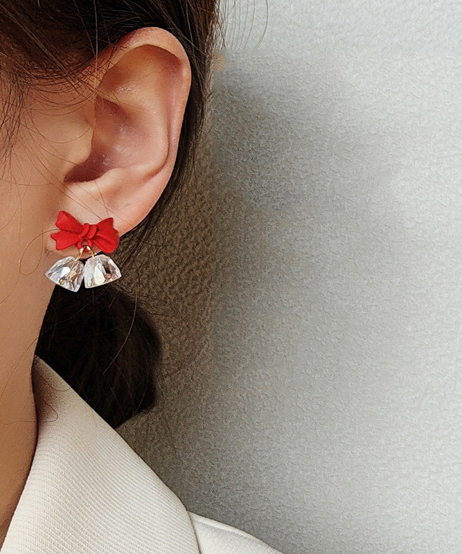 Red Sterling Silver Crystal Bow Bell Drop Earrings