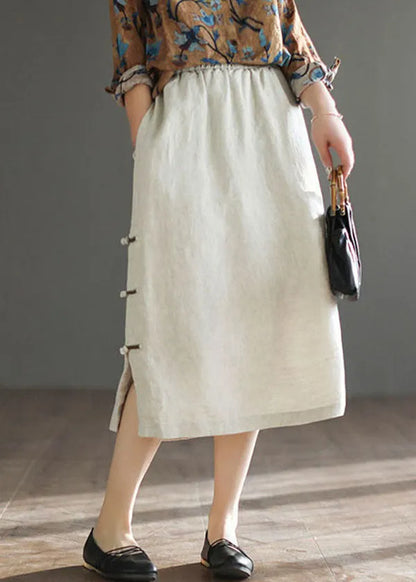 Linen Colour Side Open Linen a Line Skirt High Waist Drawstring Summer