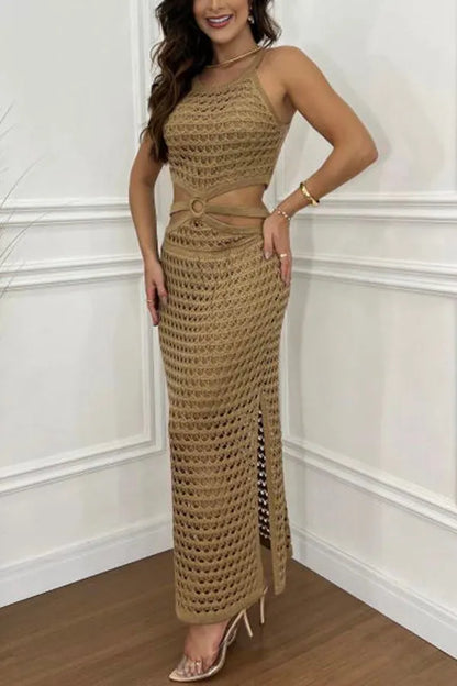 Gaze Knit Texture Ring Side Waist Cutout Stretch Maxi Dress
