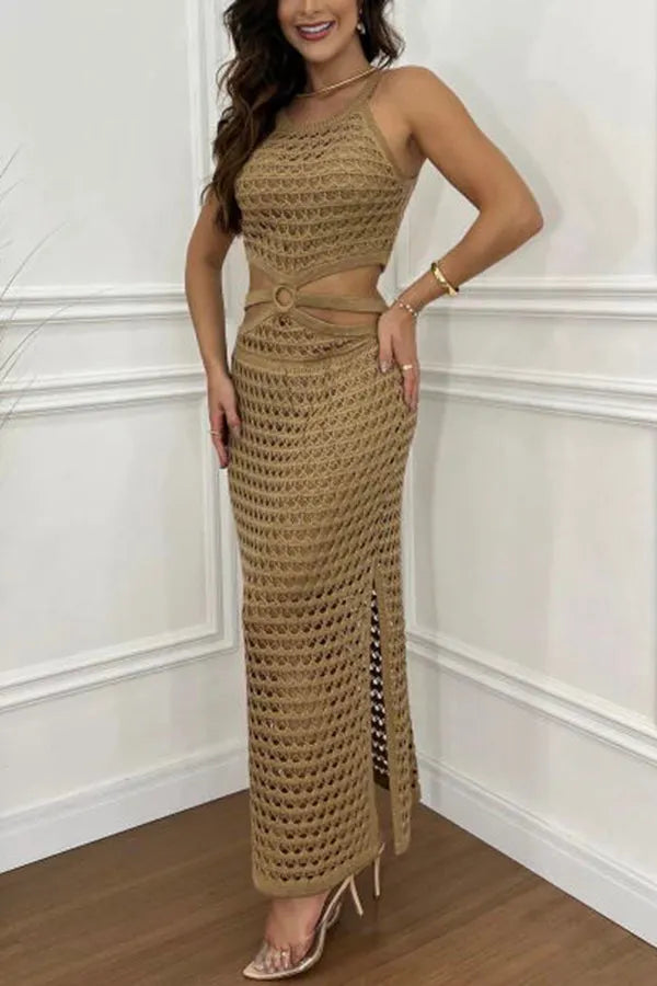 Gaze Knit Texture Ring Side Waist Cutout Stretch Maxi Dress