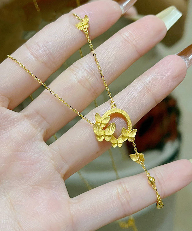 Gold Stainless Steel Butterfly Tassel Pendant Necklace