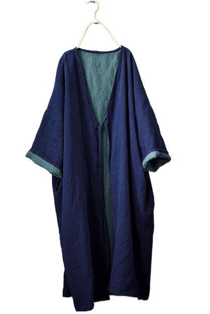 -fall Retro Cotton Linen Robe Blue Coat