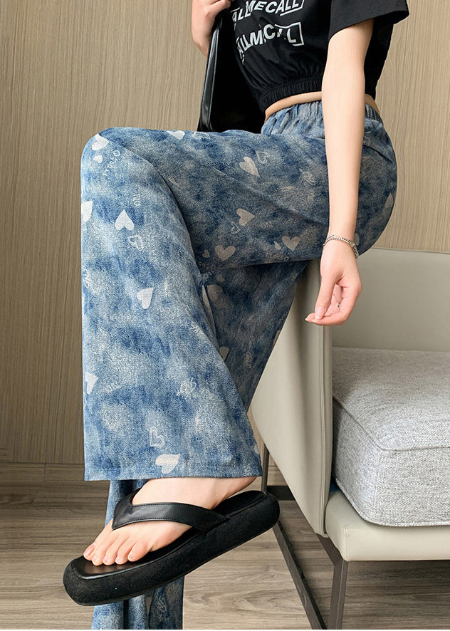 Blue Elastic Waist Tie Dye Silk Straight Pants Spring