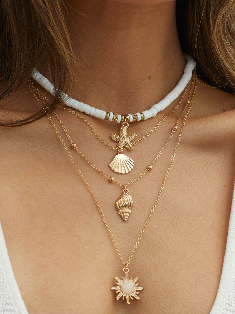 South Pacific Shell Starfish Multi-layer Necklace Gold