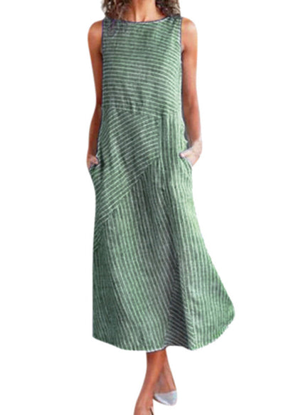 Blue O Neck Striped Pockets Cotton Dress Sleeveless