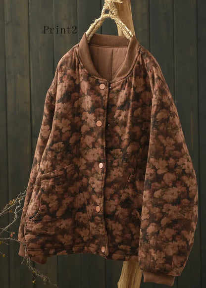 Stand Collar Pockets Print Fine Cotton Filled Coat Spring