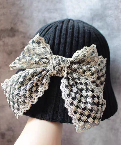 New Sweet Beige Lace Bow Knitted Bucket Hat