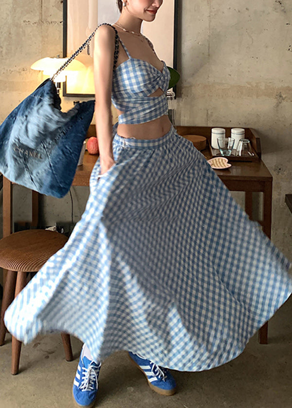 New Blue Plaid Suspended Tank Top High Waist Skirt Summer Set