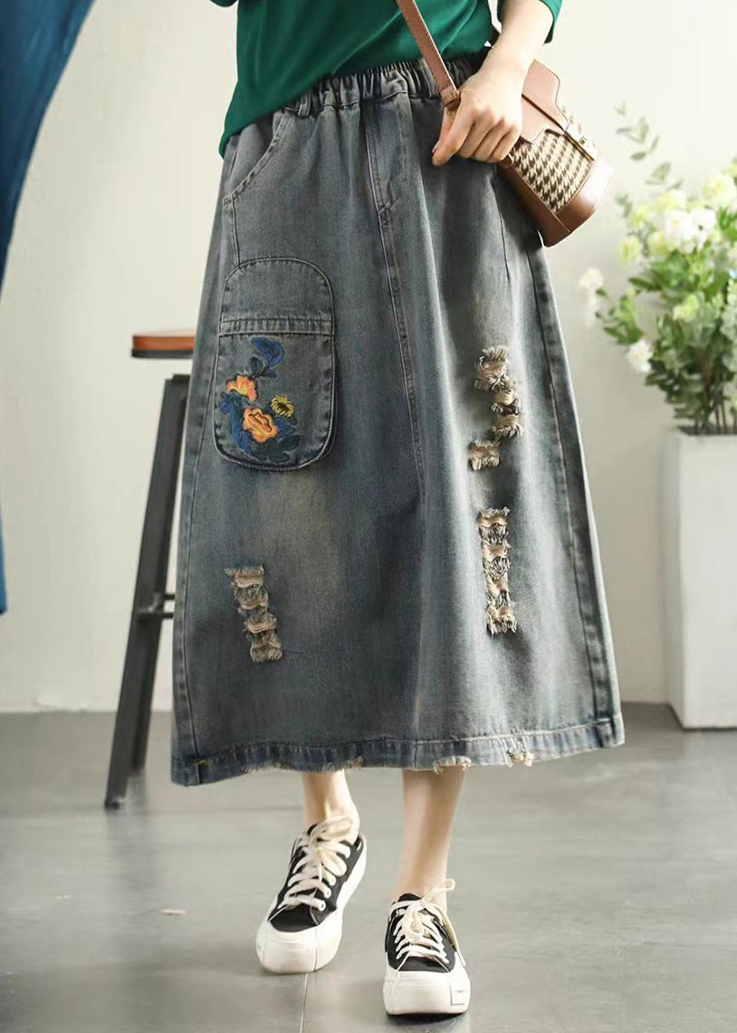 Light Blue Embroidered Patchwork Cotton Long Skirt Summer