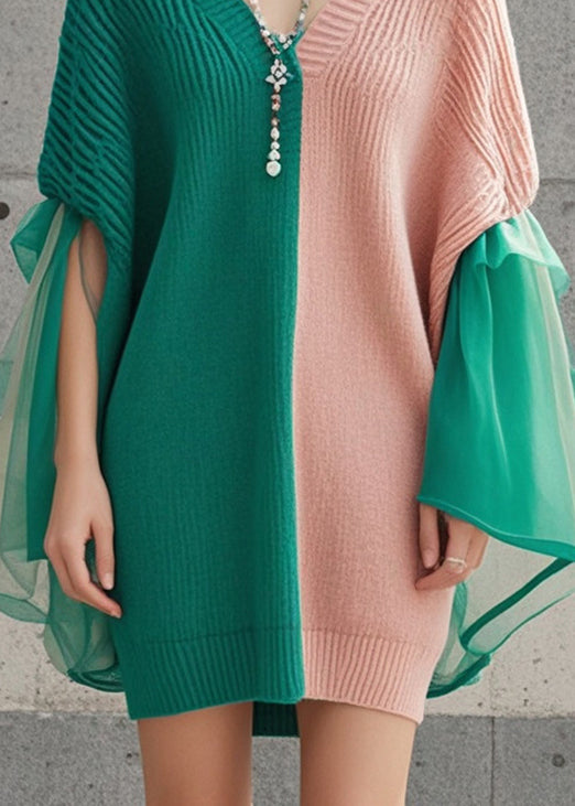 Colorblock Asymmetrical Patchwork Tulle Knit Dress Fall