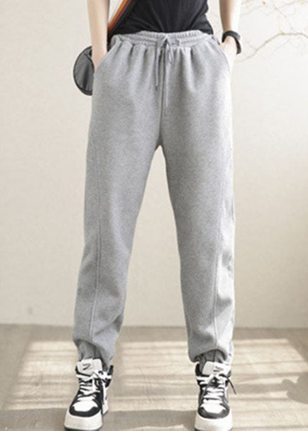 Diy Grey Elastic Waist Patchwork Warm Fleece Pants Winter