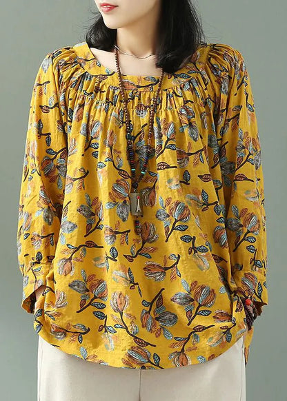 Yellow O Neck Print Loose Cotton T Shirt Fall