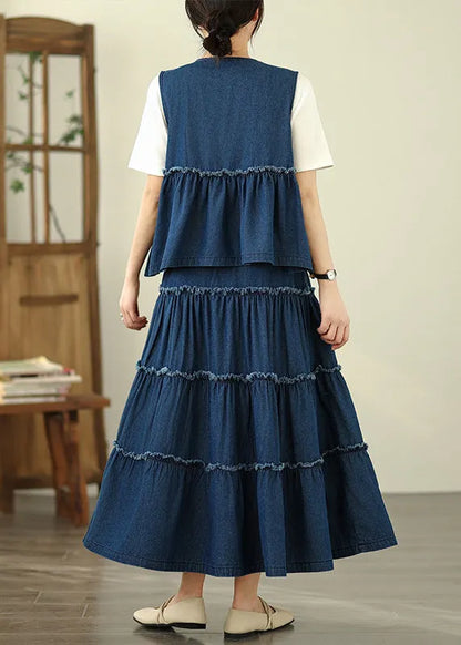 Loose Navy Ruffled Patchwork Denim Top and Maxi Skirts Two Piece Set Sleeveless