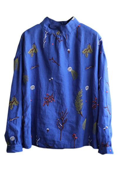 Stylish Yellow Flower Embroidered Retro Linen Blouse Tops Spring