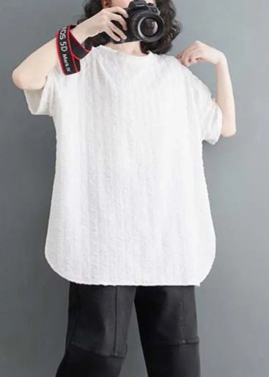 White O-neck Side Open Cotton Top Short Sleeve