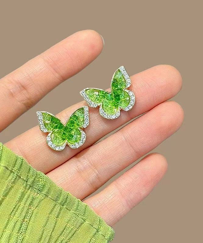 Gradient Color Green Copper Alloy Zircon Butterfly Stud Earrings