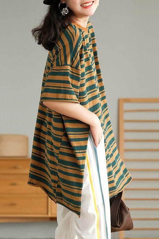 Cotton Stripes Split Hem O Neck T-shirt