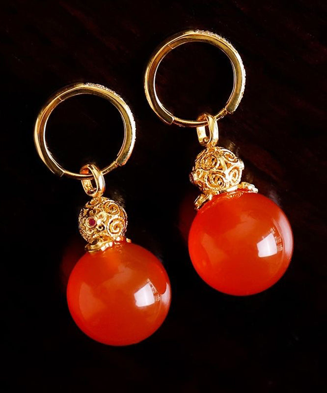Art Red 18k Gold Inlaid Agate Drop Earrings