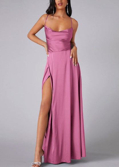 Khaki Side Open Silk Spaghetti Strap Dress Summer