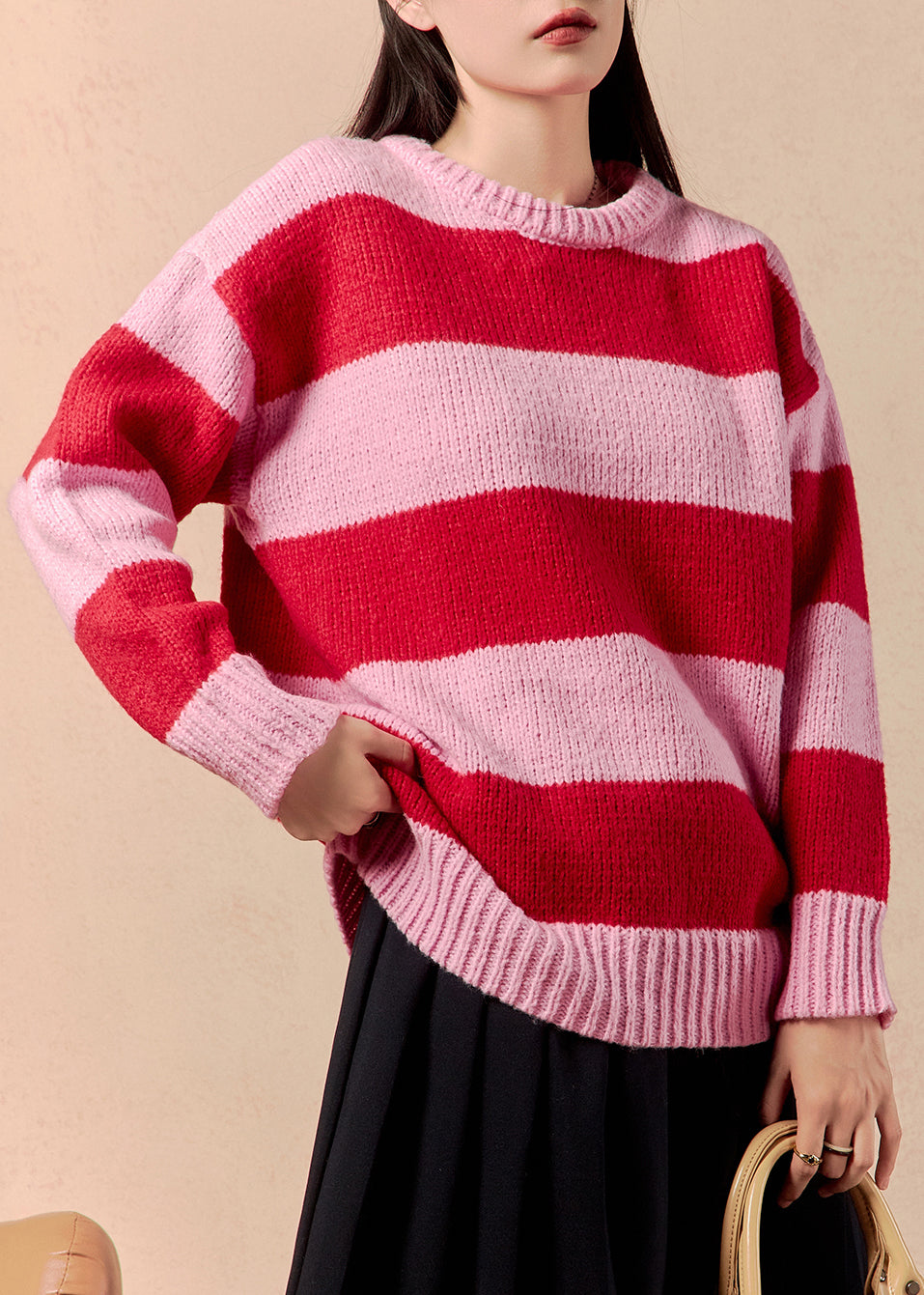 Striped O Neck Cozy Patchwork Knit Sweater Winter