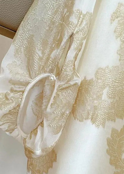 Art Apricot O-neck Jacquard Patchwork Silk Blouses Lantern Sleeve