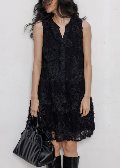 Black Button Hollow Out Lace Mid Dresses Sleeveless