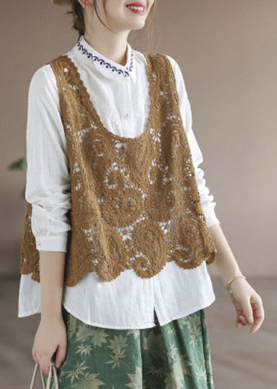 Yellow U Neck Hollow Out Knit Tanks Sleeveless
