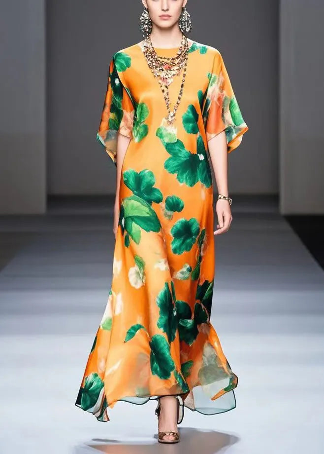 Orange Oversized Print Silk Maxi Dress Summer