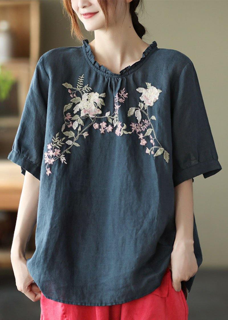 Navy Ruffled Embroidered Summer Linen Shirt