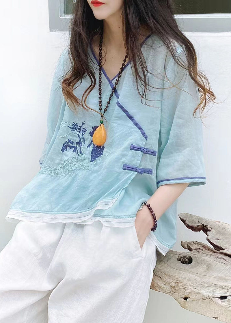 Green Asymmetrical Button Linen Tops Half Sleeve