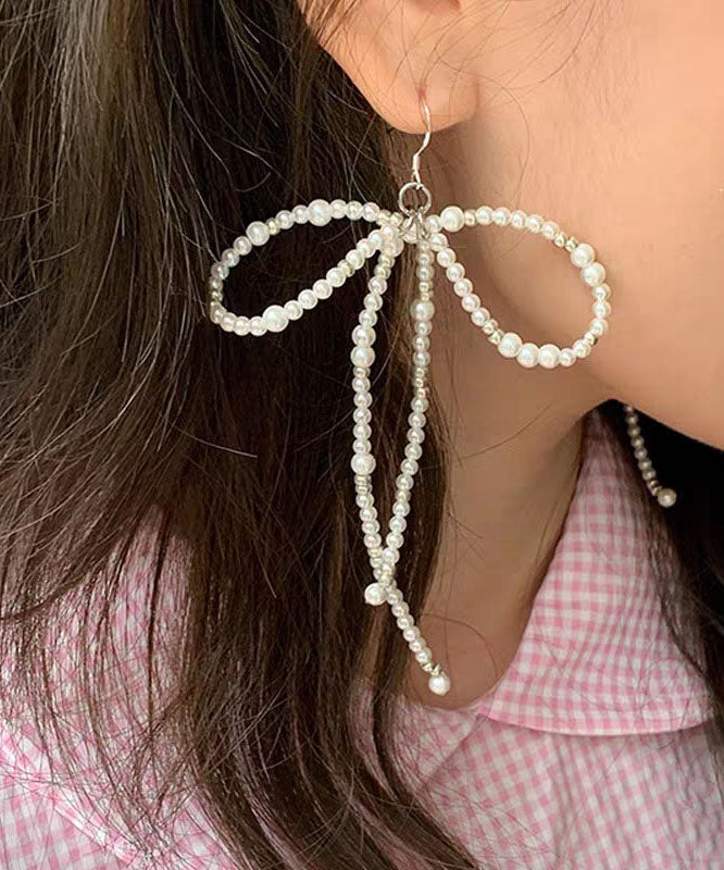 White Alloy Bow Beading Tassel Drop Earrings