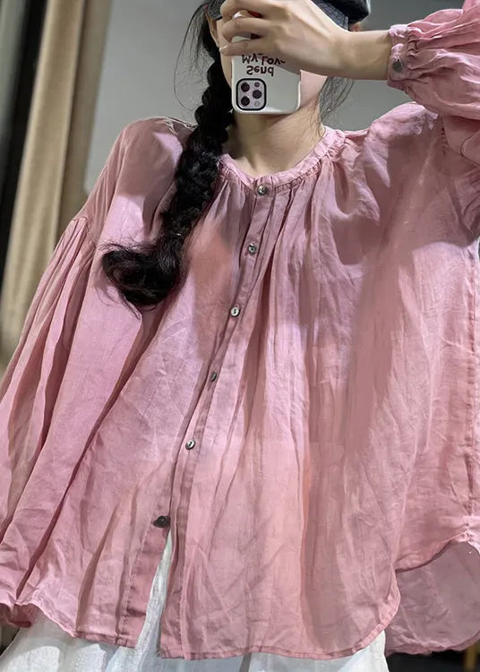 Pink O Neck Button Patchwork Cotton Shirt Top Spring