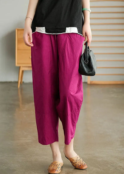 Rose Pockets Patchwork Cotton Pants Elastic Waist Summer