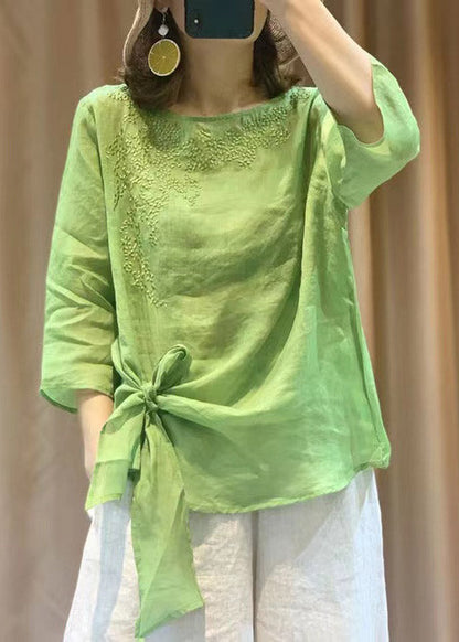 Novelty Purple O-neck Embroidered Tie Waist Linen Top Long Sleeve