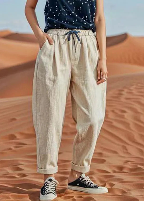 Light Khaki Pockets Tie Waist Crop Pants Summer