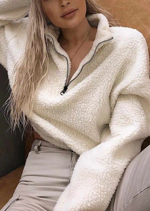 White Zip Up Patchwork Faux Fur Pullover Tops Fall