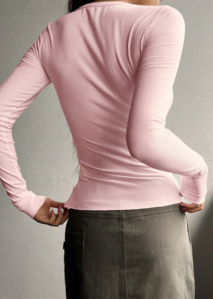 Pink O Neck Button Slim Fit Knit Top Fall